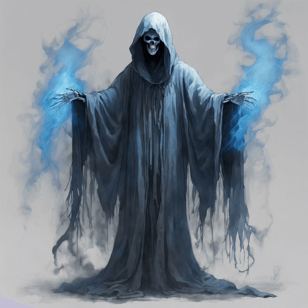 A figure shrouded in tattered robes, its body semi-corporeal and flickering like a dying flame. Skeletal hands reach out from beneath the fabric, and its face is obscured by a hood, but from within two malevolent blue flames flicker where eyes should be. It moves with a gliding motion, leaving a trail of chilling mist in its wake.