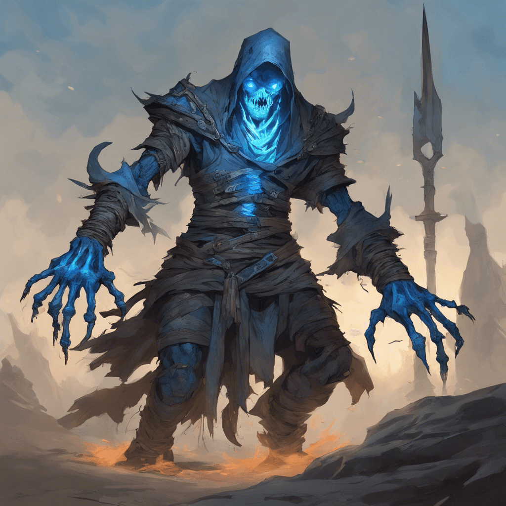 A towering wight with leathery, mummified skin stretched over its skeletal frame. Glowing blue eyes peer from its sunken sockets, and tattered robes cling to its form, swaying in a non-existent breeze. It wields a rusted, yet sharp, longsword in one hand, and eldritch flames flicker around its other, clawed hand.