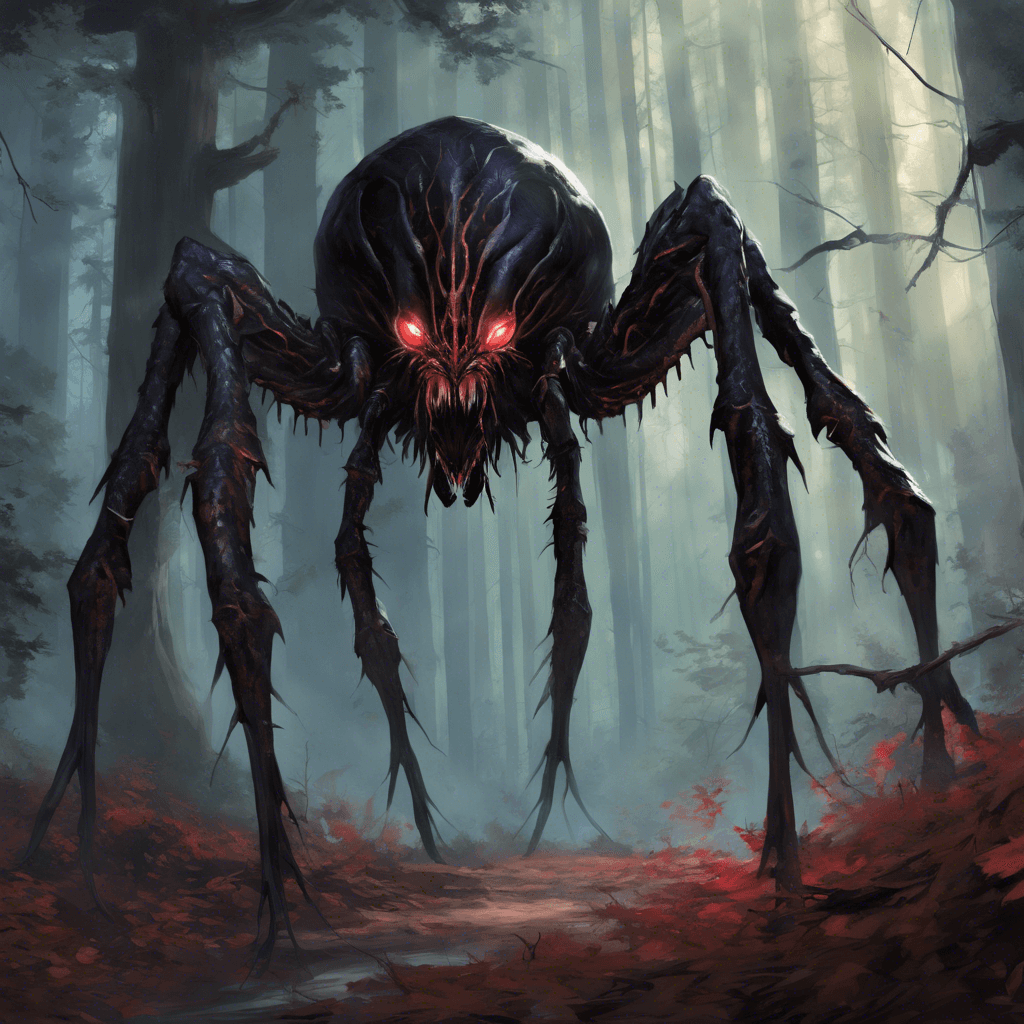 A large, eight-legged creature with iridescent, deep black carapace. Two pairs of menacing red eyes glisten as it descends silently from the trees above, poised to ambush with fangs dripping with venom.