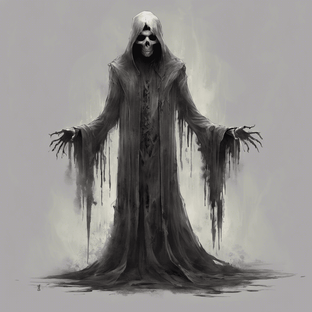 The Phantom of Hawthorne Manor is a spectral figure clad in tattered robes, its ethereal form shifting and flickering like a wisp of smoke. Its hollow eyes gaze with an otherworldly intensity, and a chill emanates from its presence, freezing the air around it. Wisps of ghostly energy coil around its fingers, ready to strike at any moment.