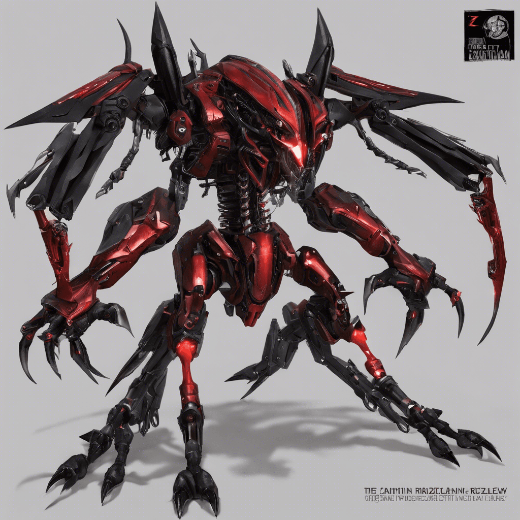 The Zanithian Razorclaw is an eight-foot tall mechanical being. It has a sleek, insect-like exoskeleton made of a dark, glossy, metallic material that gleams with a sinister sheen. Its limbs end in razor-sharp scythe-like claws, designed for swift, lethal strikes. Its eyes, a pair of glowing red sensors, scan relentlessly for targets.