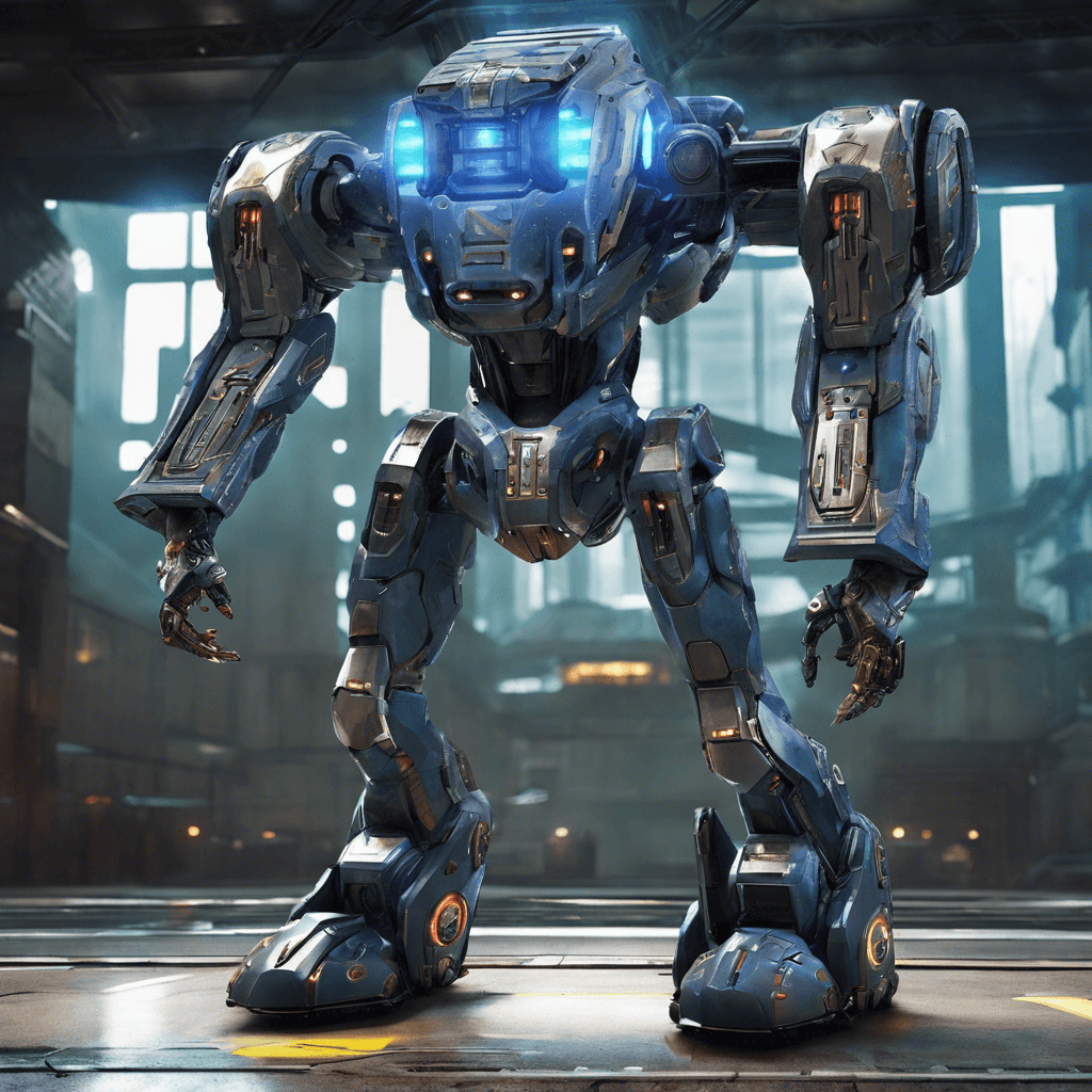 The Quantum Sentinel is a towering robotic guardian, adorned with glowing energy circuits and armed with pulse cannons on each arm. Its sleek metallic frame emits a low hum as it moves with calculated precision, scanning the area for any signs of intruders.