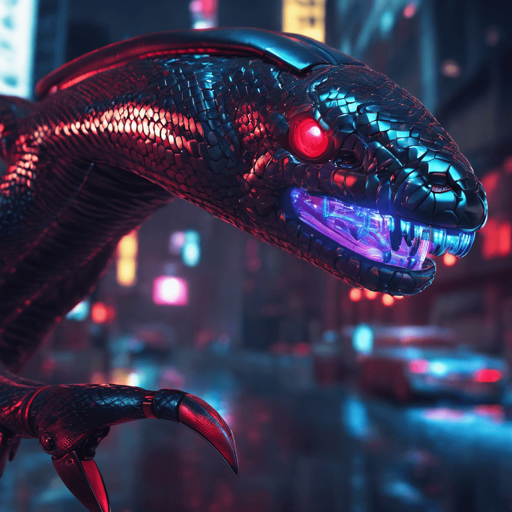 The Cyber Serpent is a sleek, snake-like drone covered in metallic scales that glint in the neon lights of the city streets. Its cold, unblinking red eyes scan the area as it moves silently, ready to strike at any moment with its razor-sharp metal fangs.