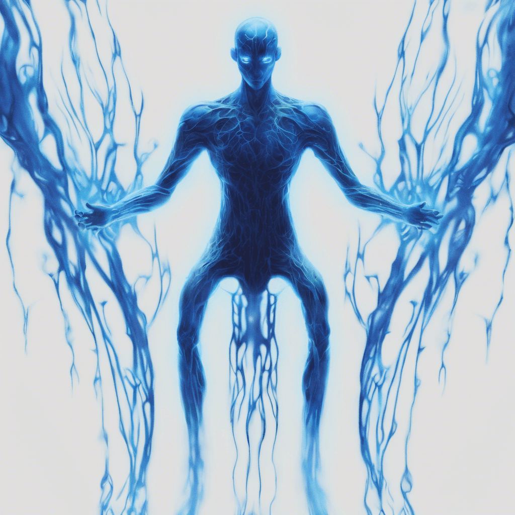 A glowing entity with a humanoid silhouette shimmers with a translucent hue, its edges blurring into the surrounding air, with electric blue veins pulsating across its form.