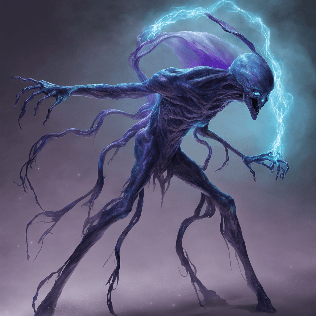 The Xylox Wraith is a spectral entity, with a semi-translucent body that shimmers with hues of blue and purple energy. It has elongated limbs and moves with a floating, ethereal grace. Its eyes are deep voids that seem to absorb light, and tendrils of dark vapor trail from its form.