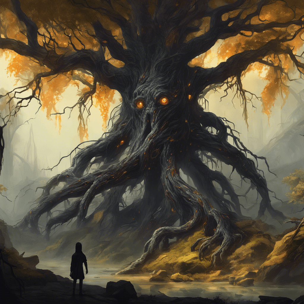 A towering bipedal tree with dark, oozing resin and glowing amber eyes. Its limbs are gnarled, with sharp, vine-like appendages writhing around.