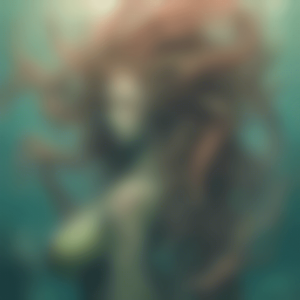 A creature resembling a mermaid, but with a lower body made of twisting coral branches instead of a tail. Its upper torso is humanoid, with long, algae-covered hair and hauntingly beautiful, yet empty, eyes. Its arms extend into long, sharp fingers of hardened coral. The Gorgon's gaze seems to emit a soft, bewitching light.