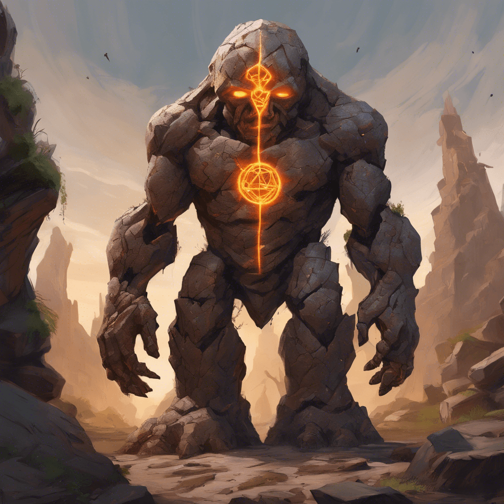 A massive earthen golem with glowing runes etched into its stone skin, sporting ferrous veins that pulse with arcane energy.