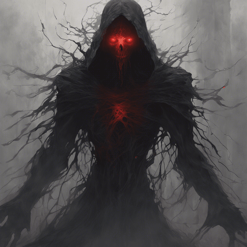 A towering spectral figure cloaked in tattered shadows, with glowing red eyes piercing through the gloom. Its form is partly transparent, revealing a swirling darkness within.