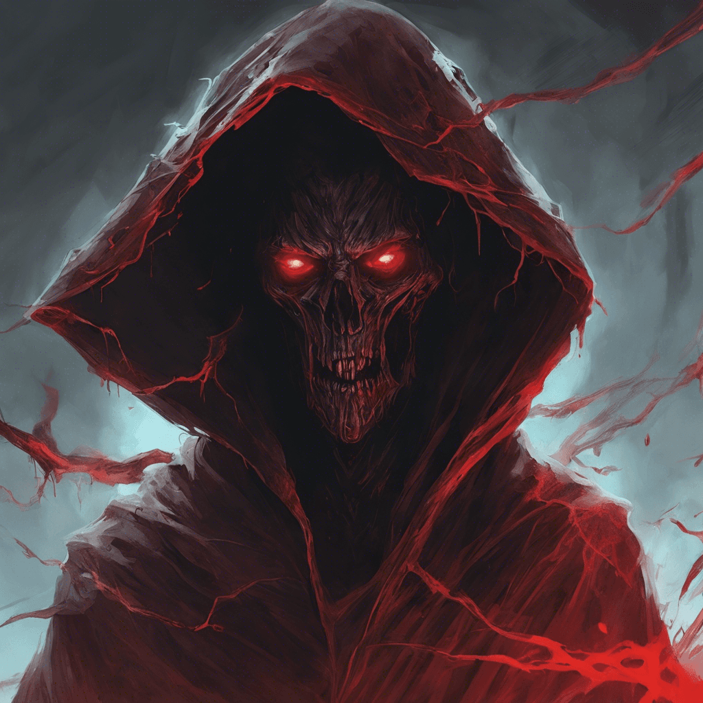 A wraith cloaked in tattered robes, its form semi-transparent and perpetually shifting, eyes glowing with a malevolent red light.