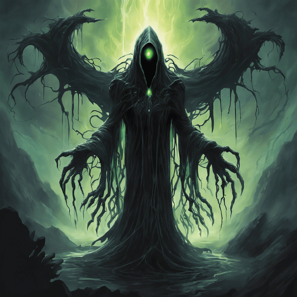 The Void Wraith is a menacing entity from the depths of space, cloaked in darkness and emitting an eerie glow. Its tendrils reach out with malevolent intent, dripping with corrosive energy. Its eyes glow with a predatory hunger, capable of striking fear into the hearts of any who gaze upon it.