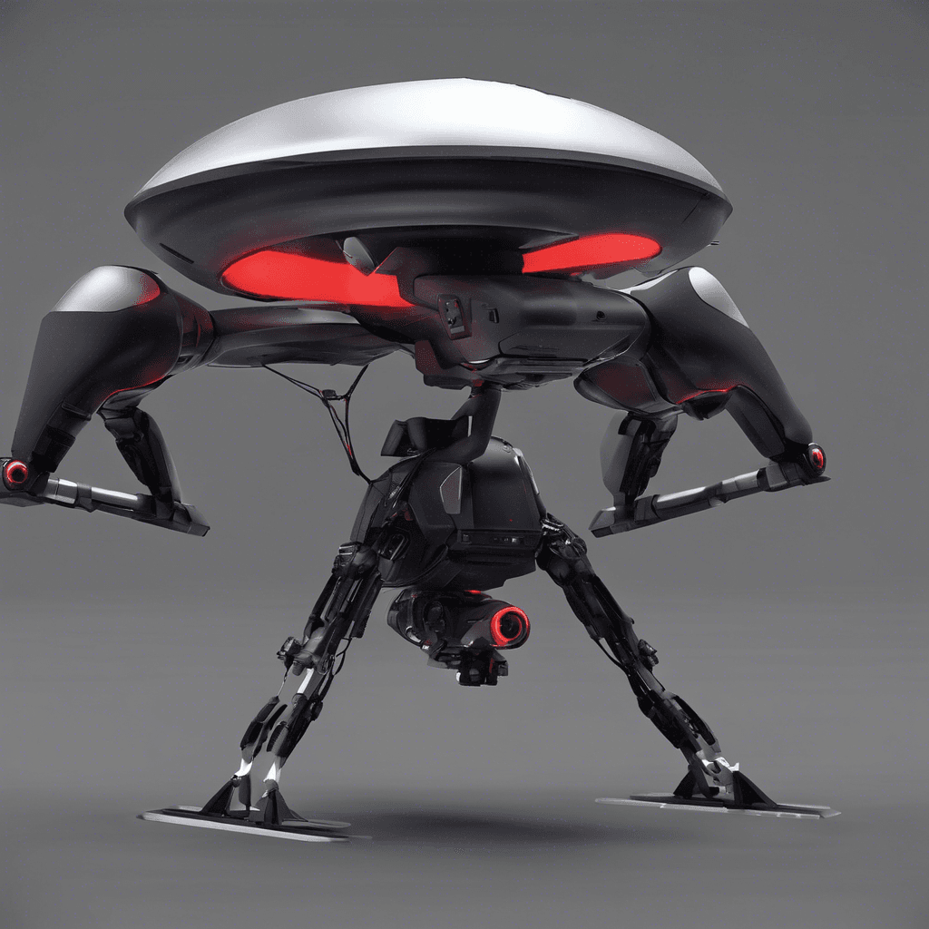 A hovering robotic drone, its chassis is sleek and dark, equipped with sensory equipment and pulsing with a menacing red light from its ocular sensors. It moves with an unsettling silence, occasionally emitting a high-pitched whir as it adjusts its altitude and scanning apparatus.