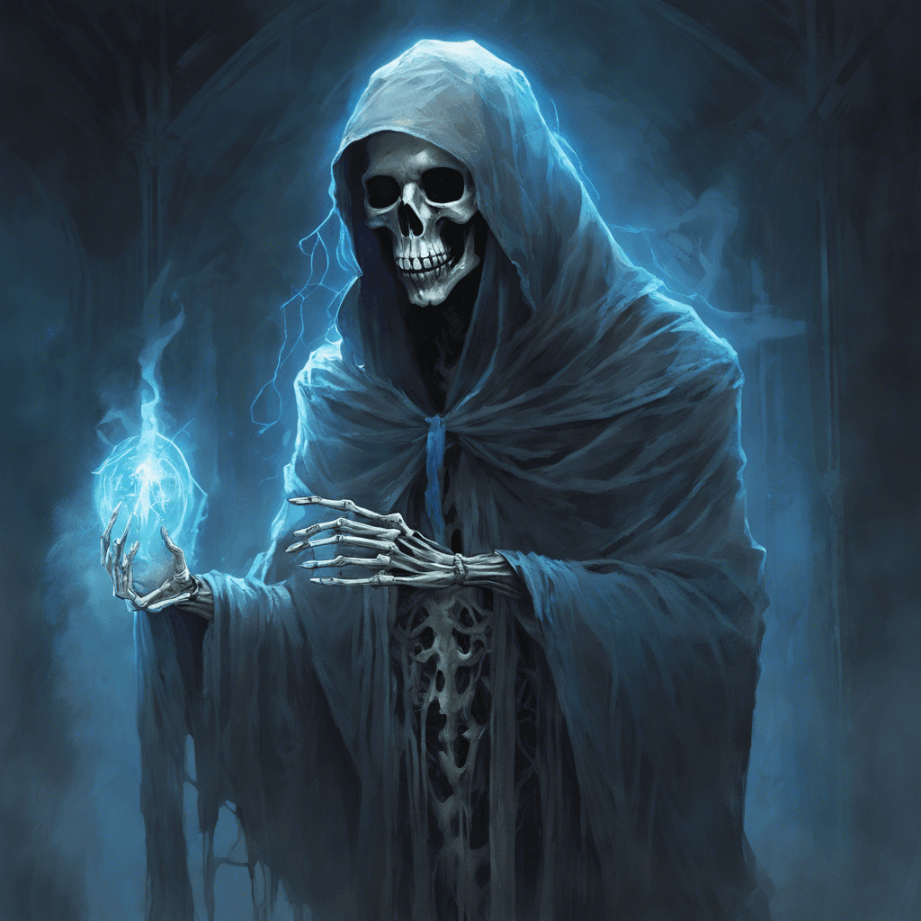 A translucent figure looms before the adventurers, shrouded in ethereal rags that flutter as if caught in a perpetual breeze. Its skeletal face barely discernible beneath a tattered hood, eyes glowing with an otherworldly blue light. Its hands, skeletal and elongated, reach out with an aura of chilling malevolence.