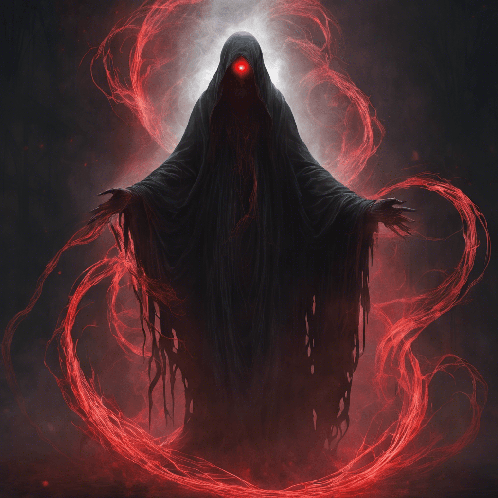 A wraith like figure, ethereal in form, cloaked in shadows that seem to absorb light. Its eyes glow with a sinister red light, and tendrils of darkness swirl around its body.