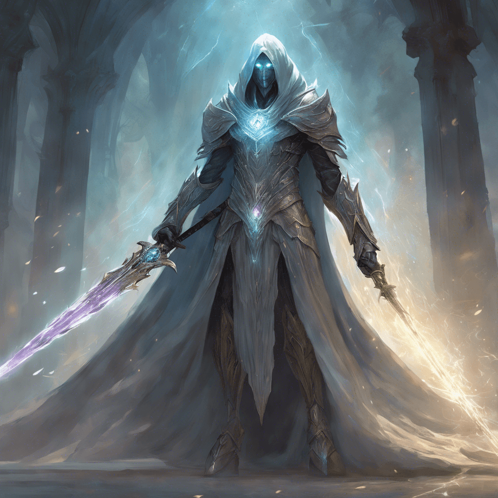 A large, ethereal figure shrouded in shimmering cloaks of incorporeal armor, its eyes glowing with a baleful light. It floats above the ground, wielding a ghostly sword that radiates a chilling aura.