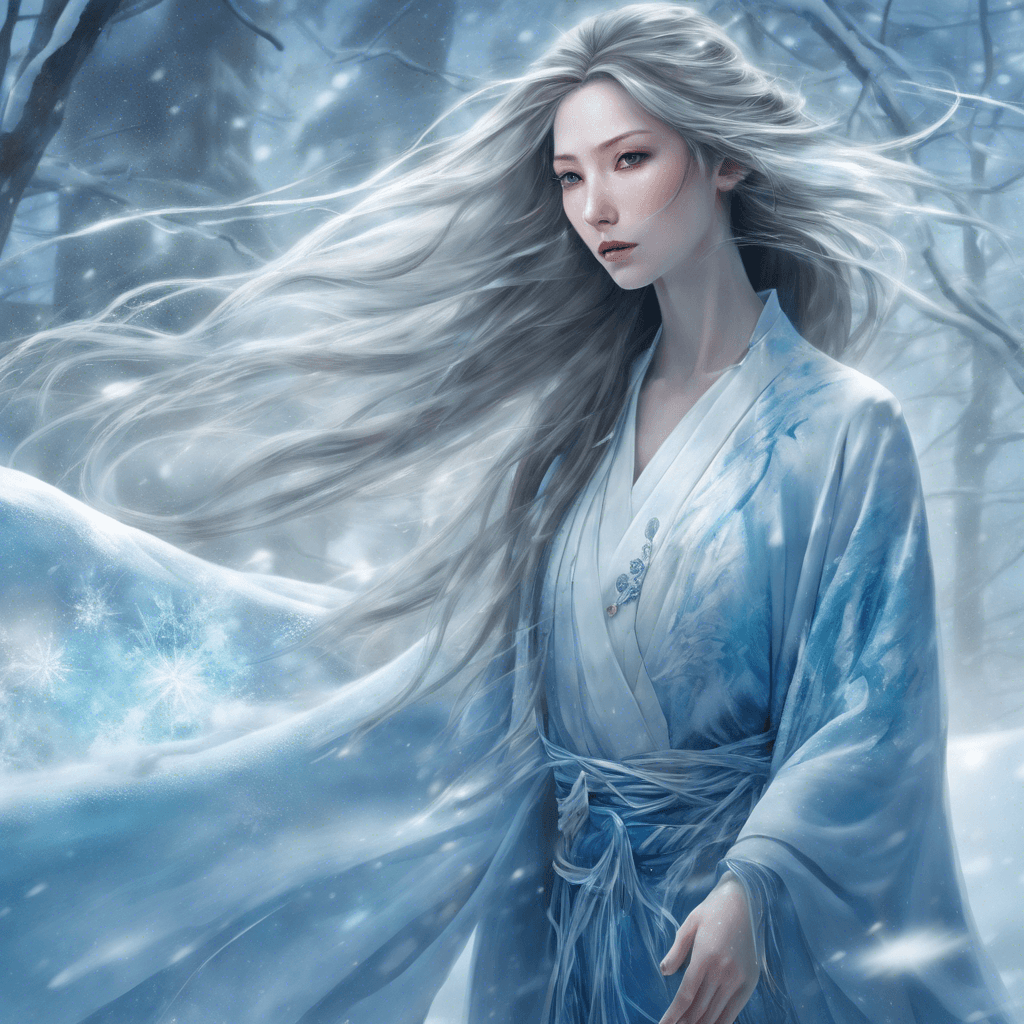 A tall, ethereal woman with skin as pale as snow and long, flowing hair like a frozen waterfall. Her eyes are piercing blue and seem to glow with an otherworldly light. She wears a kimono that shimmers like the surface of a snowdrift. Wisps of icy vapor trail from her elegant fingers, hinting at the chill of her touch.