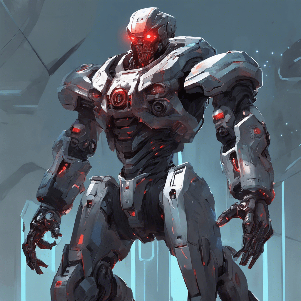 A menacing figure with a sleek chrome exoskeleton, glowing red eyes under a shaded visor, and augmented limbs giving off a faint blue light. A heavy plasma cannon is embedded into its right arm, and data ports run along its neck.