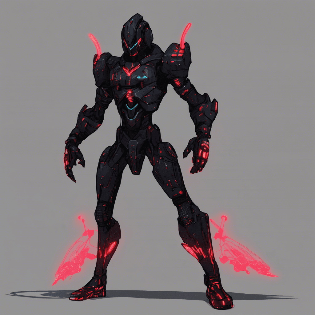 The Cyber Shadow is a humanoid figure clad in sleek black armor, adorned with neon circuit patterns that glow ominously. Its eyes are replaced with glowing red cybernetic implants, and its movements are swift and calculated, blending into the darkness of the Cyber Slums effortlessly.