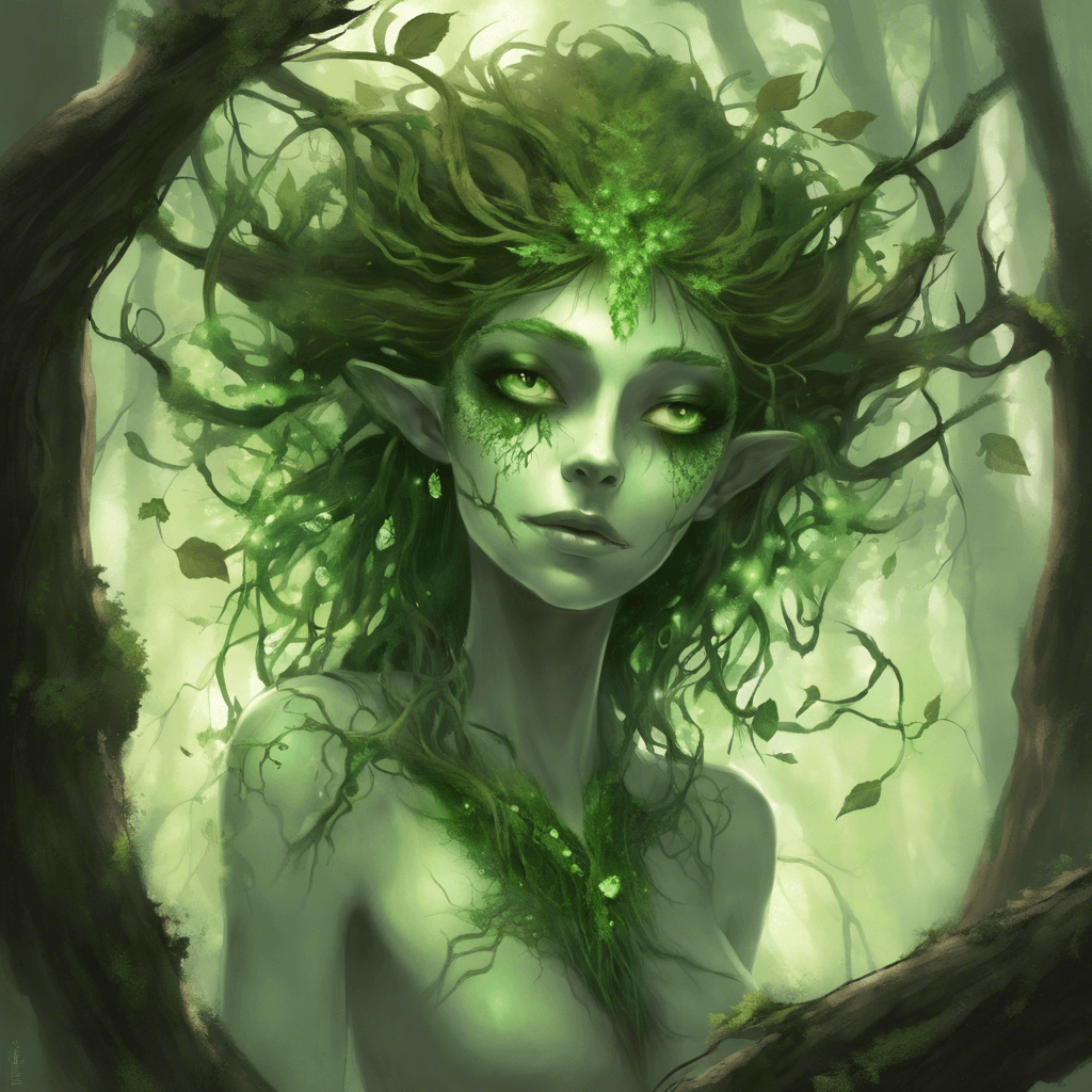 The Shadowleaf Dryad is a slender, ethereal creature with bark-like skin and glowing green eyes. Its hair is a cascade of living leaves, and where it steps, the ground blossoms with dark, eerie flora. The air around it shimmers with a faint green aura, hinting at its connection to the ancient magics of the forest.