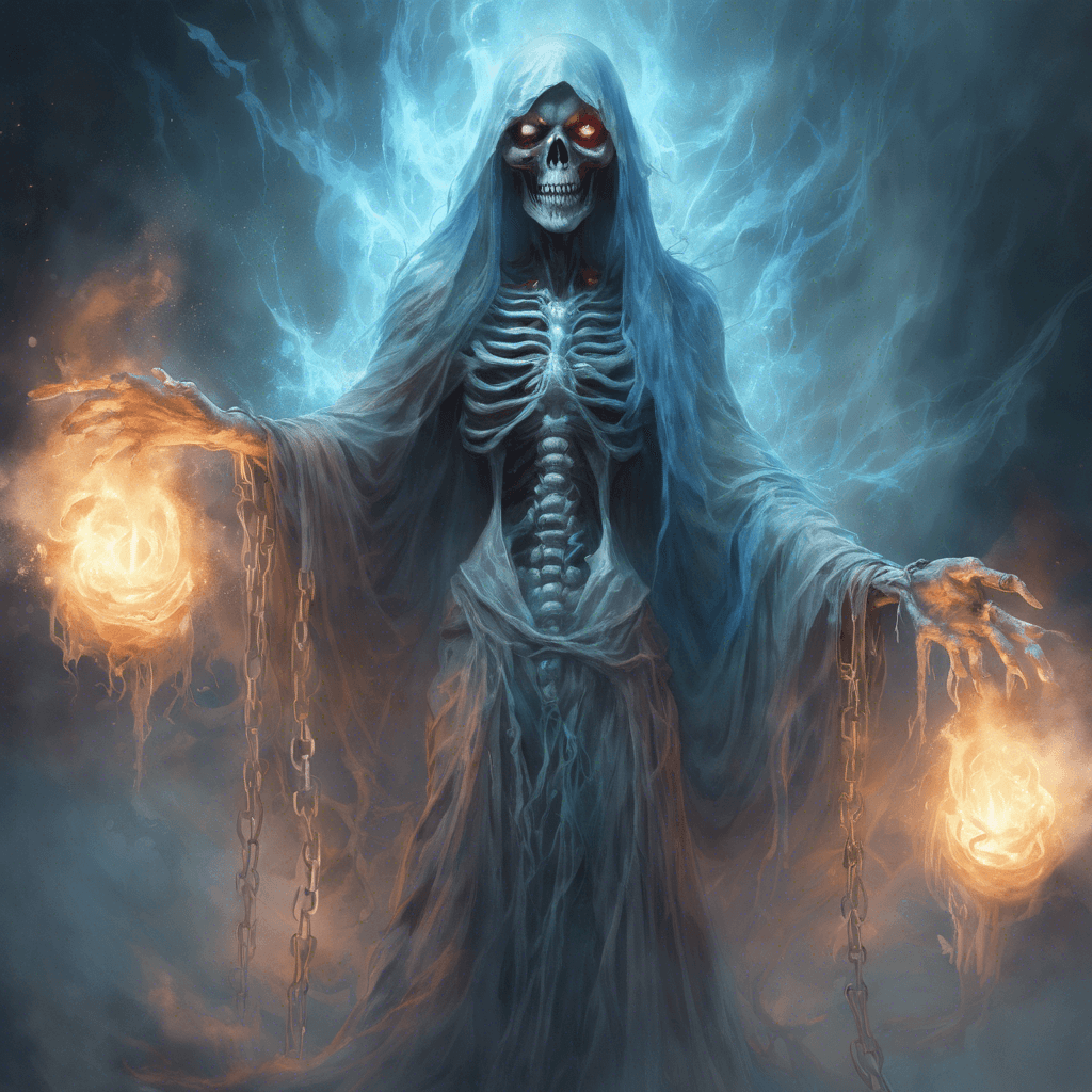 A gossamer apparition, the Vengeful Spirit reveals its from with a swirling mist materializing into a skeletal figure clad in tattered robes, chains clinking as they float. Its eyes burn with an ethereal blue fire, seeking justice from beyond the grave.