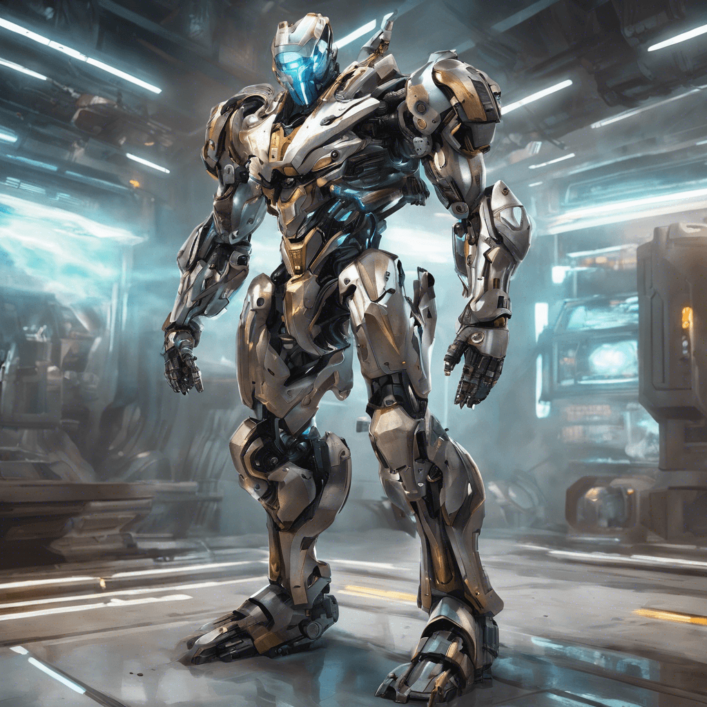 An imposing robotic figure with sleek metallic armor, luminescent eyes, and an arsenal of high-tech weaponry integrated into its limbs.