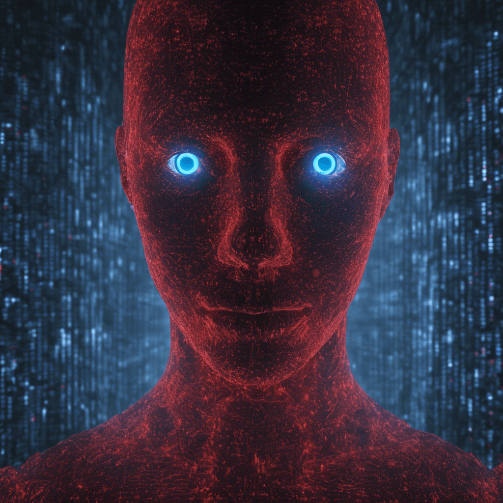 A humanoid figure made of flickering digital static, its form barely distinguishable against the backdrop of cyberspace. Its eyes are piercing red, and it emanates a ghostly blue light.