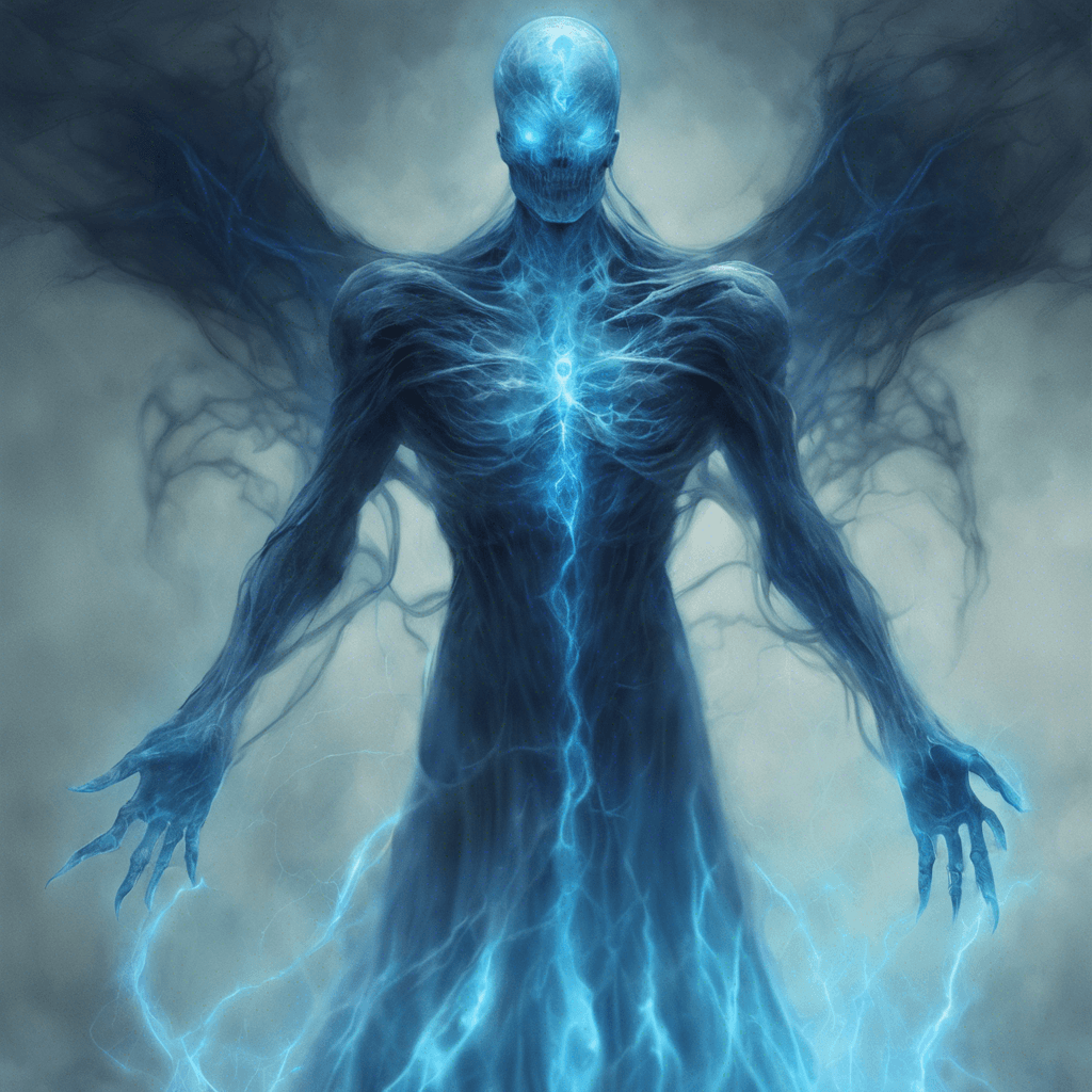 The Ionized Specter is a ghostly figure enveloped in crackling blue energy, its form shifting and flickering as if unstable. It emits an eerie hum that sends shivers down your spine. Its presence seems to disrupt the very fabric of reality around it.