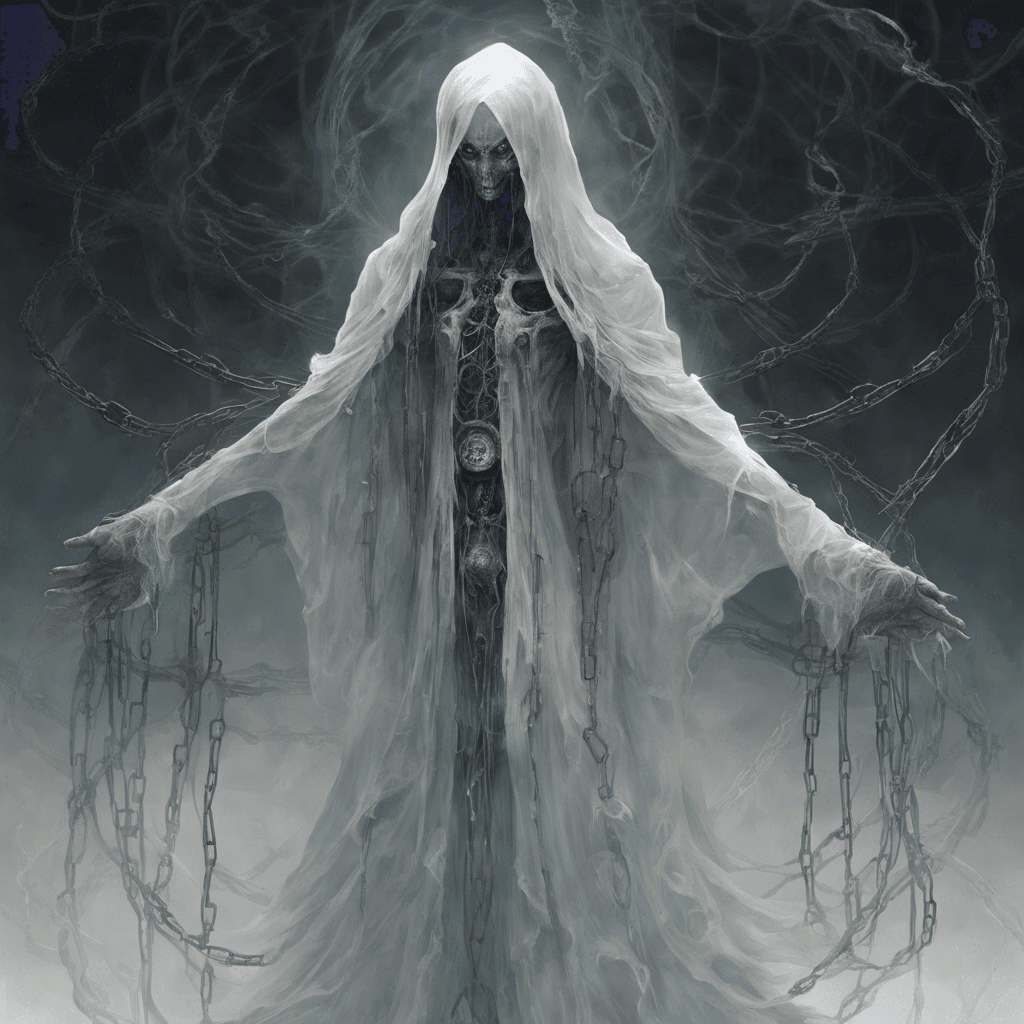 A translucent figure with hollow eyes and tattered robes, its form flickers inconsistently as if caught between realms, seemingly tethered to the corporeal world by the broken chains that wrap its ethereal limbs.