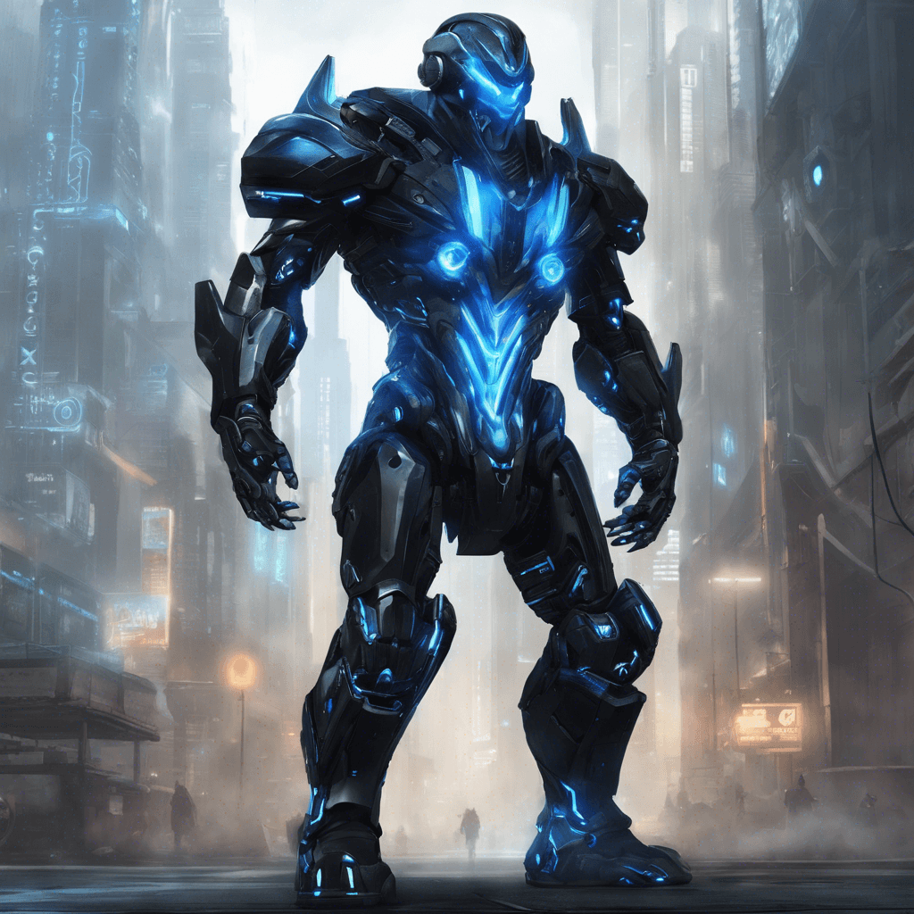 The Cybernetic Enforcer is a towering figure clad in sleek, black armor embedded with glowing blue cybernetic implants. Its eyes flicker with digital displays as it scans its surroundings with advanced sensors. Each step resonates with a mechanical hum, exuding an aura of precision and lethality.