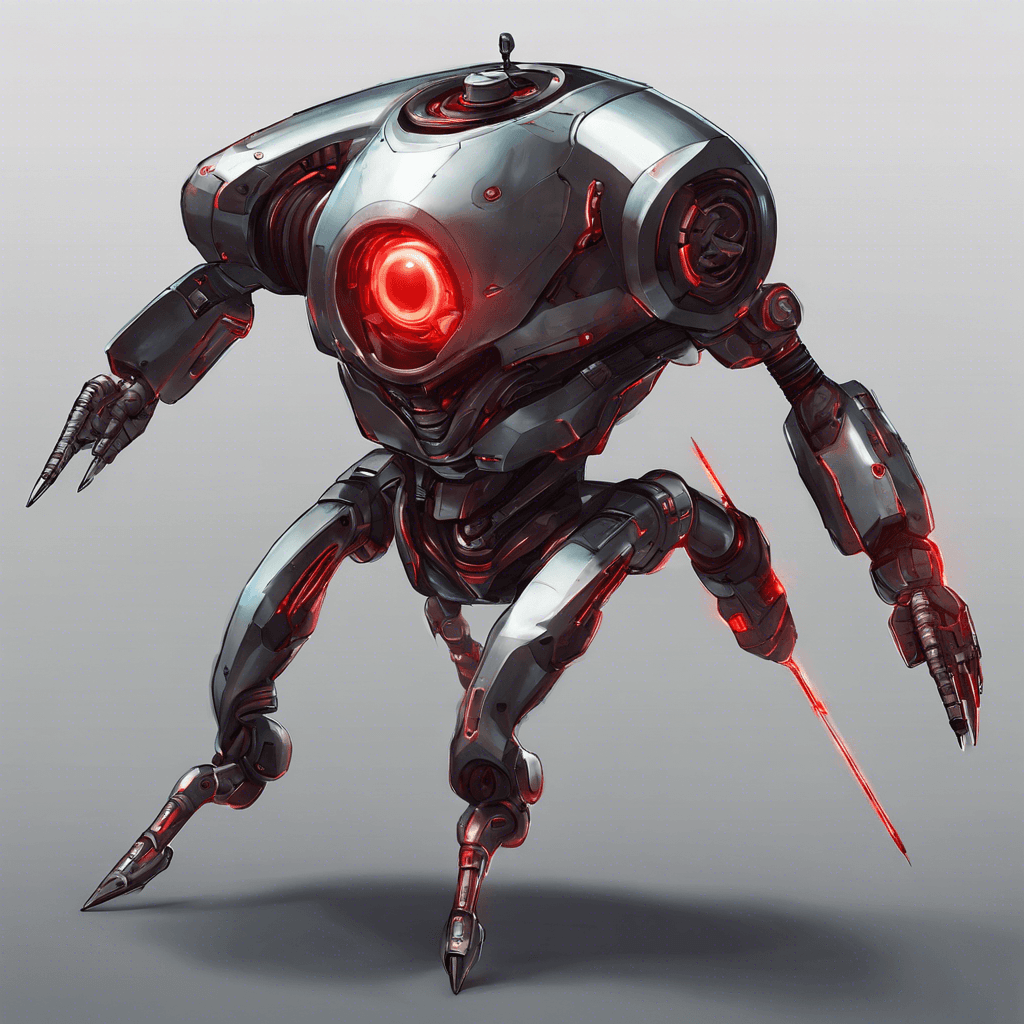 A hovering automaton with a sleek, metallic body and glowing red sensor eyes. It is equipped with various weaponry, emitting a low hum as its anti-gravity engines keep it afloat.