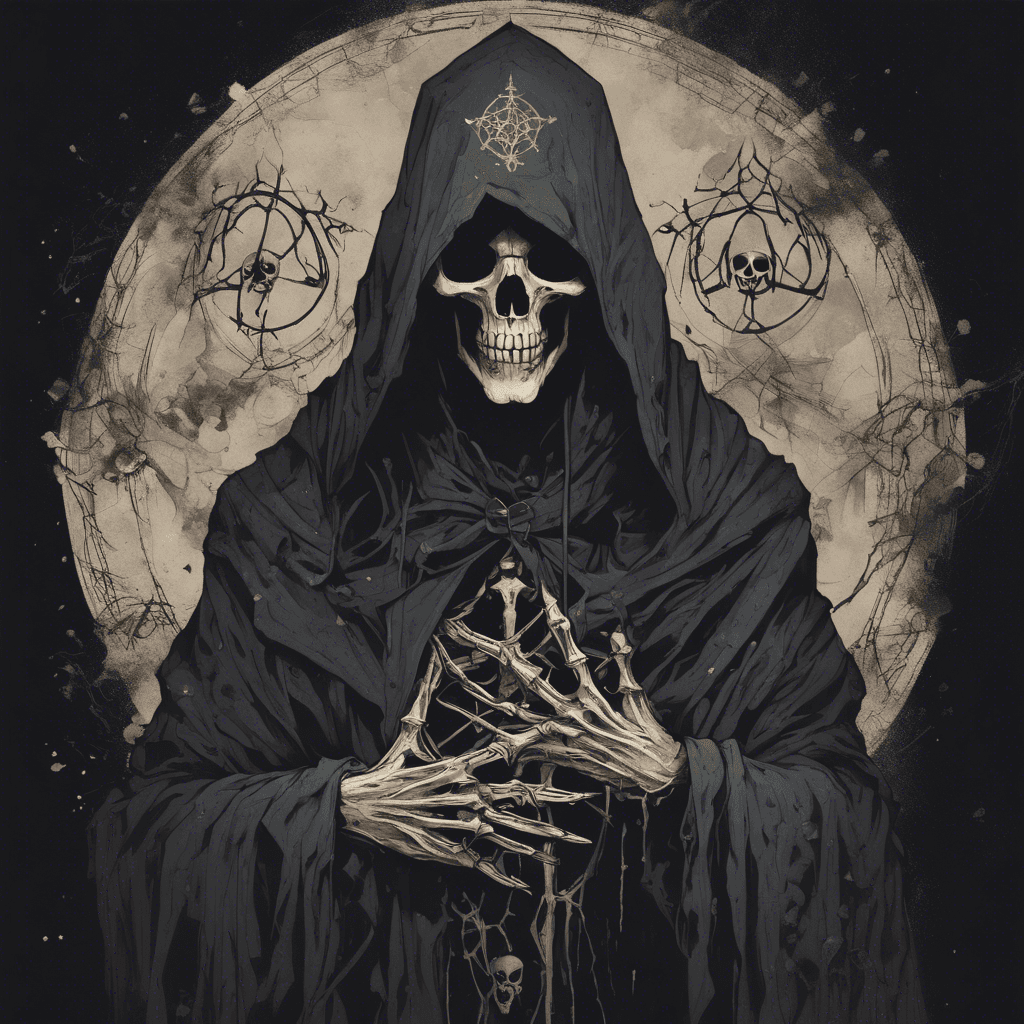 A towering figure draped in tattered robes imbued with eldritch sigils. Two soulless eyes gleam from within its hood, a semblance of a once-human face stretched over a skull, twisted by necromancy. Skeletal hands crackle with forbidden magic.