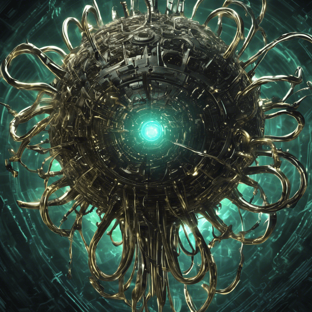 The Sentient Tech Virus appears as a glowing, pulsating mass of metallic tendrils that move with ominous purpose. Its core emits a faint ethereal light, surrounded by a swirling vortex of corrupted code. It seems to have a malevolent intelligence and can infect any technology it comes into contact with.