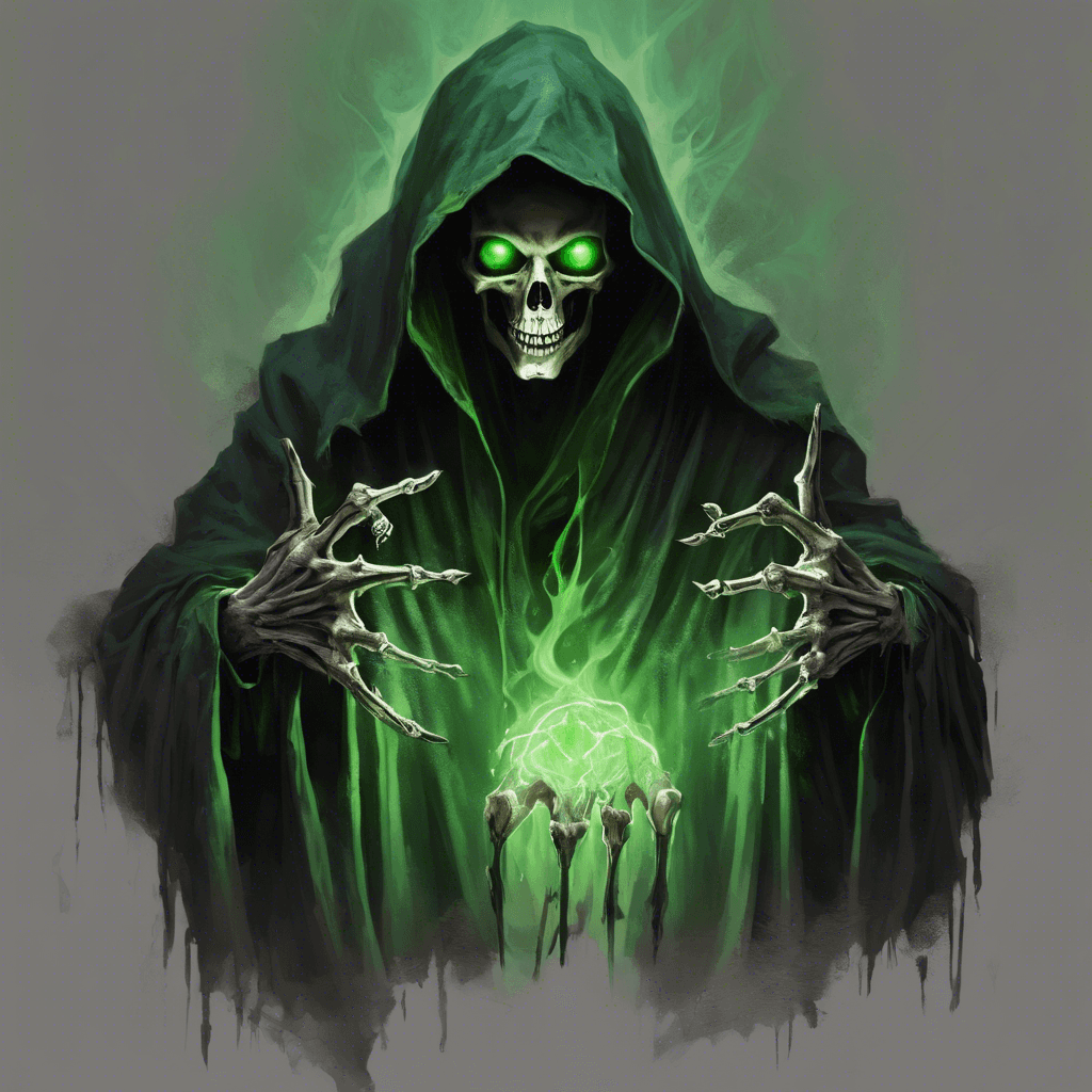 A sinister figure draped in tattered robes, its face hidden beneath a hood. Skeletal hands glow with an ominous green energy as it hovers slightly above the ground, surrounded by a miasma of dark magic.