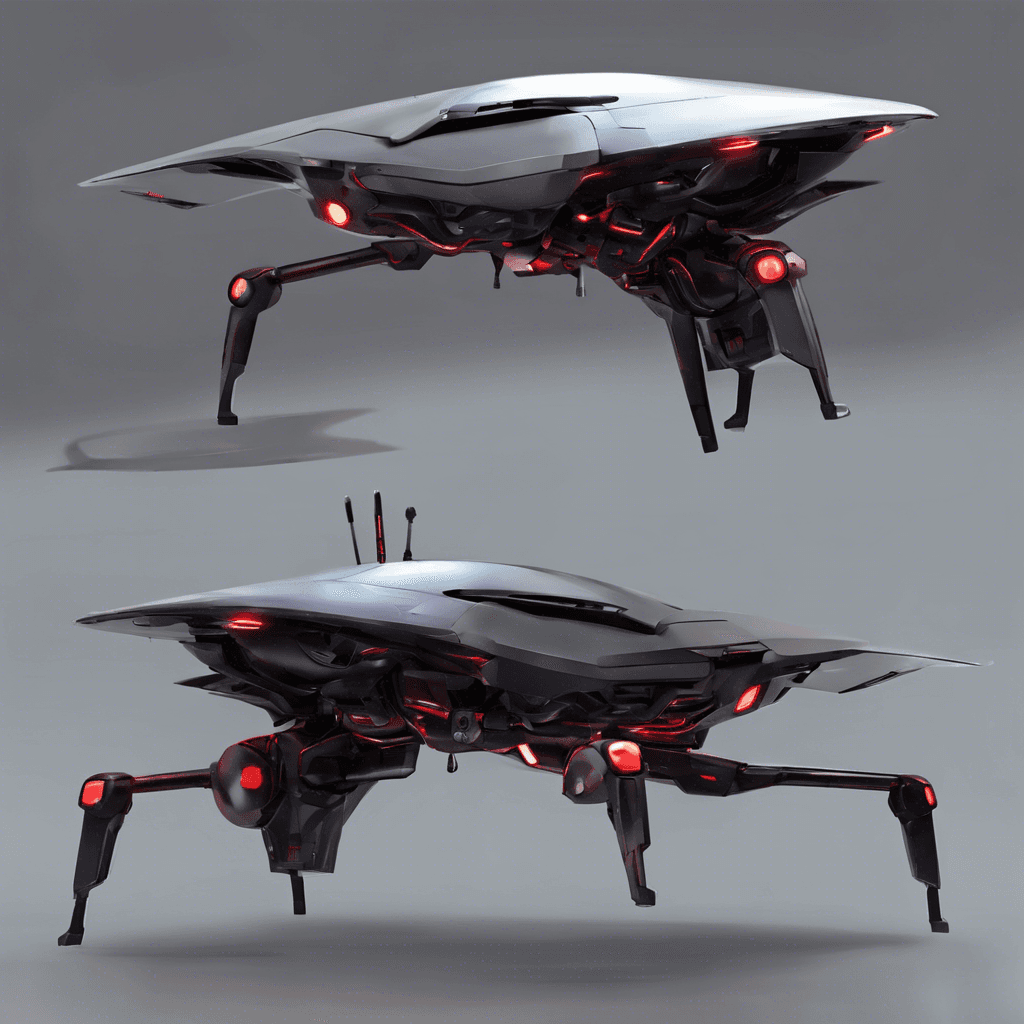 A sleek, metallic sentinel drone, equipped with crimson scanning eyes and retractable armaments. It has a hovering mechanism that silently maneuvers through the air.