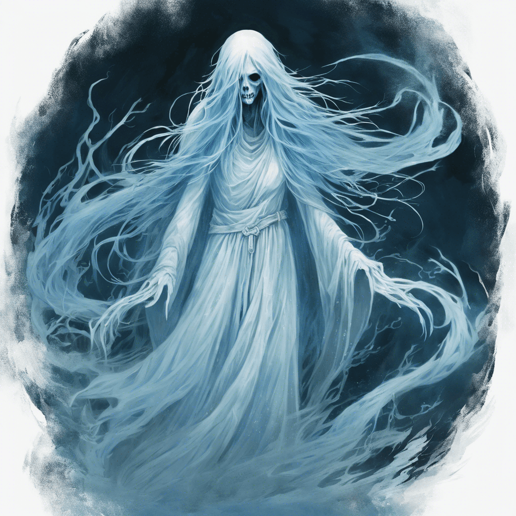 A ghostly apparition with long flowing hair that moves as though underwater, tattered robes the color of frost, eyes glowing with a malevolent blue light, and a mouth agape in a silent scream.