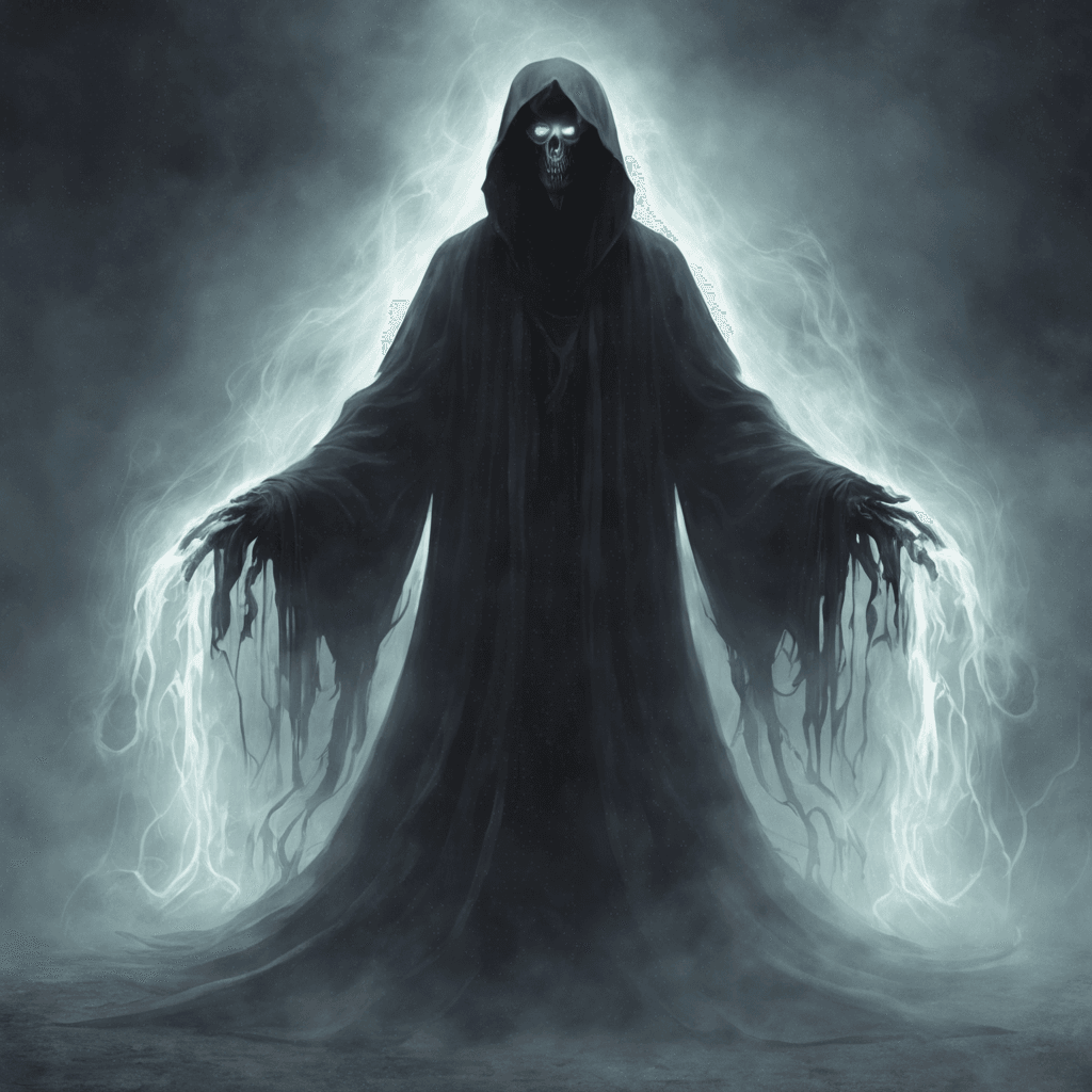 A ghostly figure with flowing black robes and hollow eyes, emitting a chilling aura that freezes the air around it. Its presence sends shivers down the spine of anyone who crosses its path.