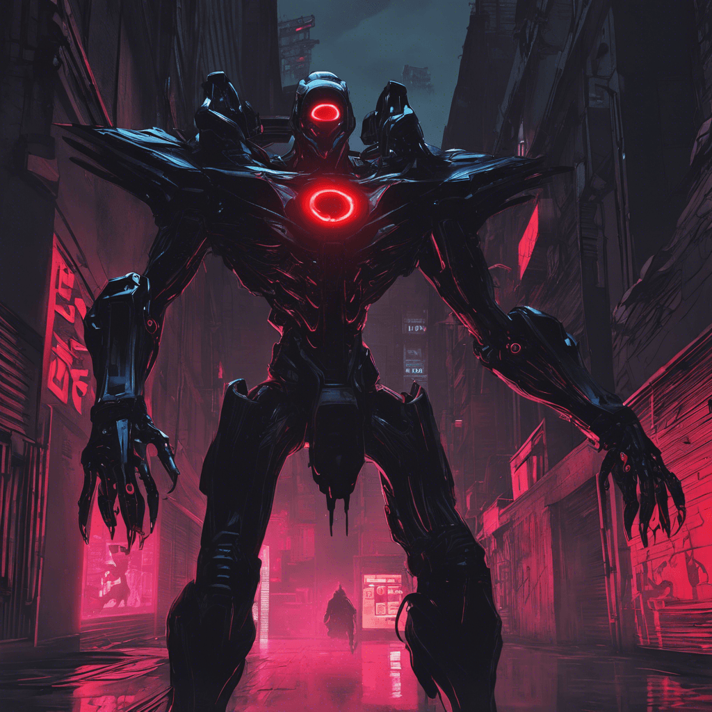 Shadow.exe is a cybernetic entity cloaked in darkness, its glowing red eyes piercing through the shadows. It moves with unmatched agility, blending seamlessly into the neon-lit alleyways of the district. Its body is composed of sleek, black cybernetic enhancements, exuding an aura of danger and mystery.