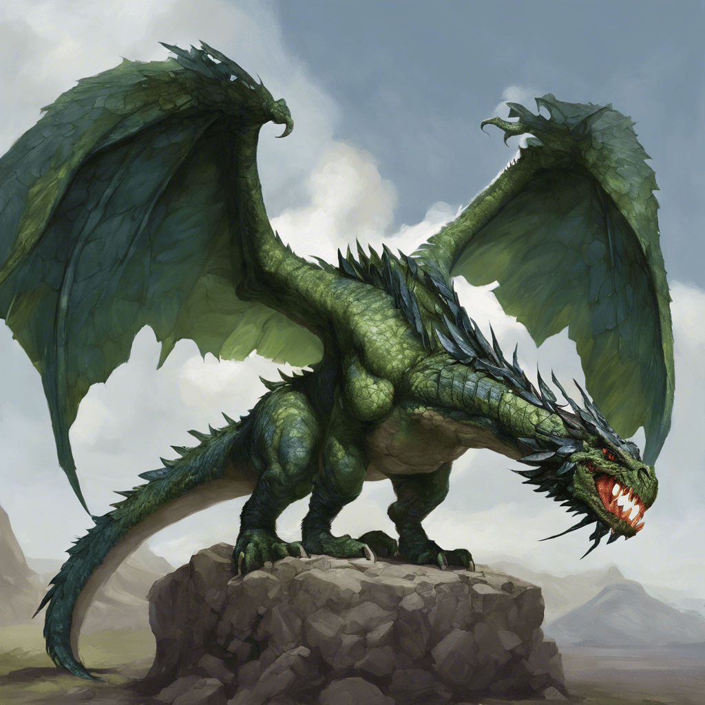 A hulking stone drake with hide tough as granite, wings unfold from its broad back, eyes gleam with earthen cunning.