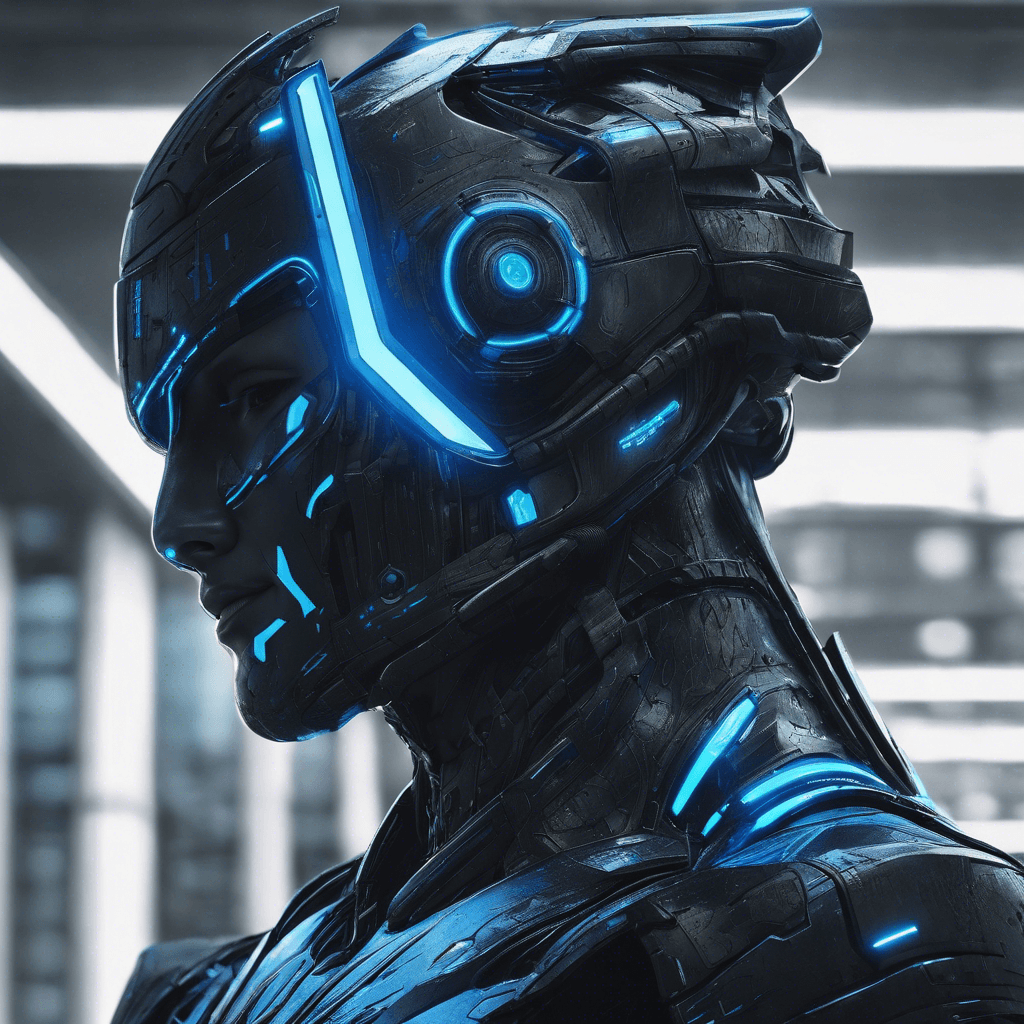 A towering figure clad in matte black cyber-armor with pulsating neon blue lines etching out menacing symbols across its surface. Its face concealed behind a mirrored visor, gleaming with scrolling code. Cybernetic arms whir softly, buzzing with dangerous potential.