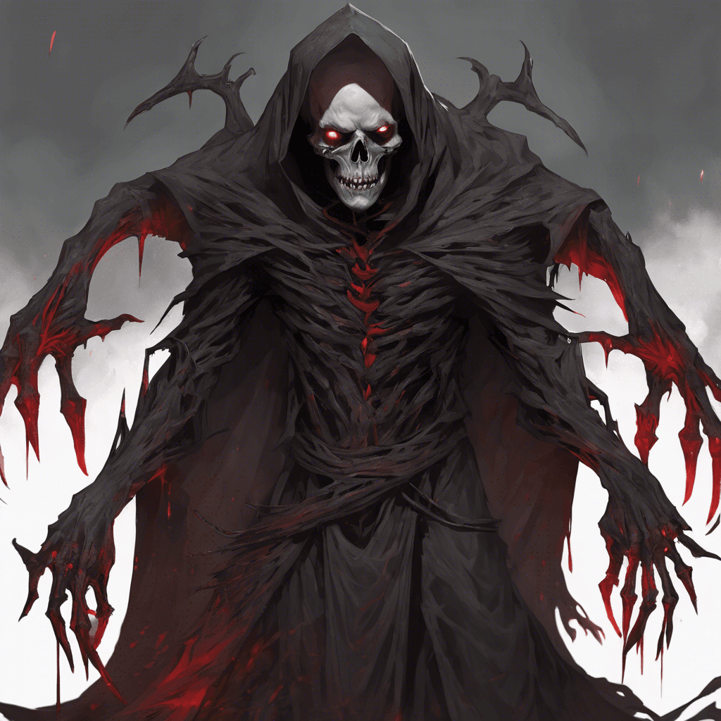 A hunched creature with pallid, deathly grey skin, long, twisted fingers ending in razor-sharp claws, and eyes that glow with a malevolent red light in the shadowed hollows of its skull-like face. Its tattered robes hang loosely over its gaunt frame like the remnants of a funeral shroud, and it moves with a jerky, unsettling gait.