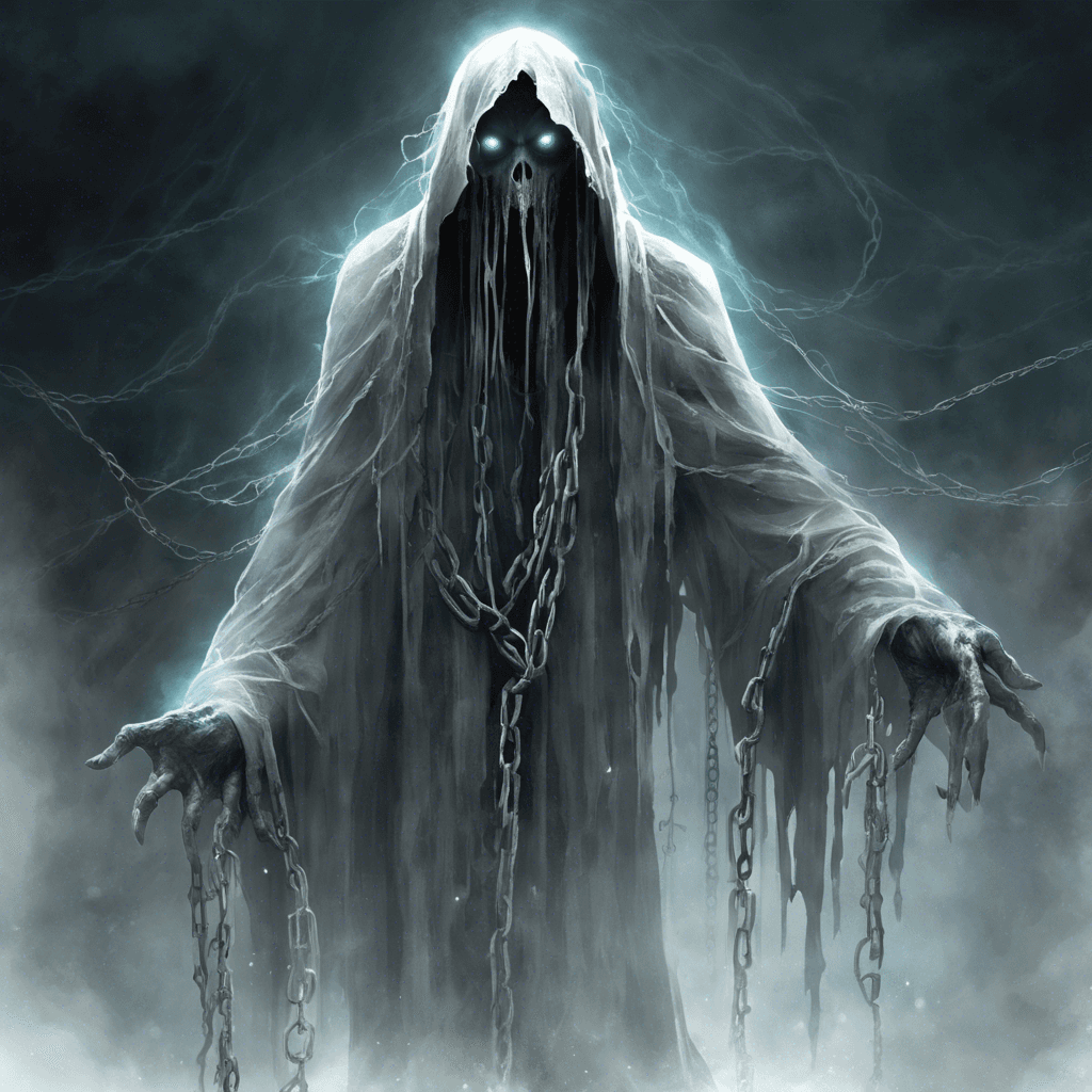 The Spectral Revenant is a ghostly figure clad in tattered robes, with ethereal chains drifting behind it. Its eyes glow with a malevolent light, and its spectral form exudes an aura of cold and despair. The sound of rattling chains follows its every move, sending shivers down the spine of any who hear it.