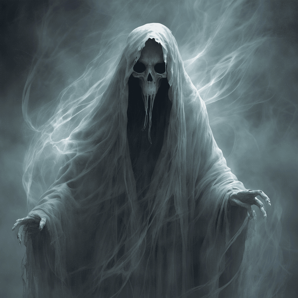 A ghostly figure shrouded in tattered robes, its face an eternal scream. Wisps of ethereal mist coil around its form, and its eyes are hollow pits that seem to stare into your very soul.