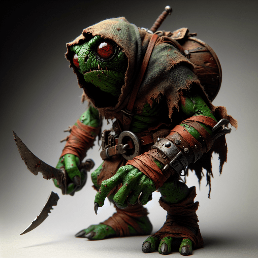 A hunched-over, green-skinned goblin with beady red eyes. It wears tattered leather armor, and clutches a jagged dagger in one hand and a small, round shield in the other.