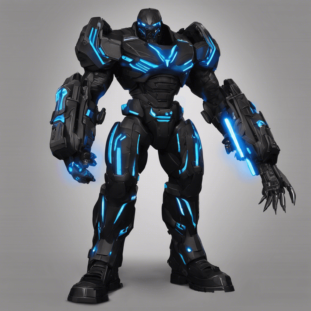 The Enforcer is a towering figure clad in black, heavy-duty combat armor with neon blue lines tracing its contours. Its eyes are glowing red sensors, and each arm is augmented with integrated weaponry, including a plasma cannon and retractable energy blades.