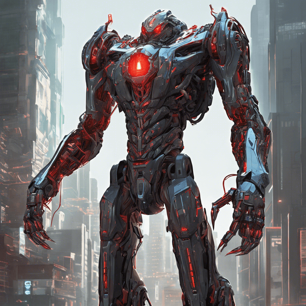 A towering figure, bristling with cybernetic enhancements and exuding menace. Its metallic limbs are interlaced with glowing circuitry patterns, and its eyes are shining red sensors scanning for threats.