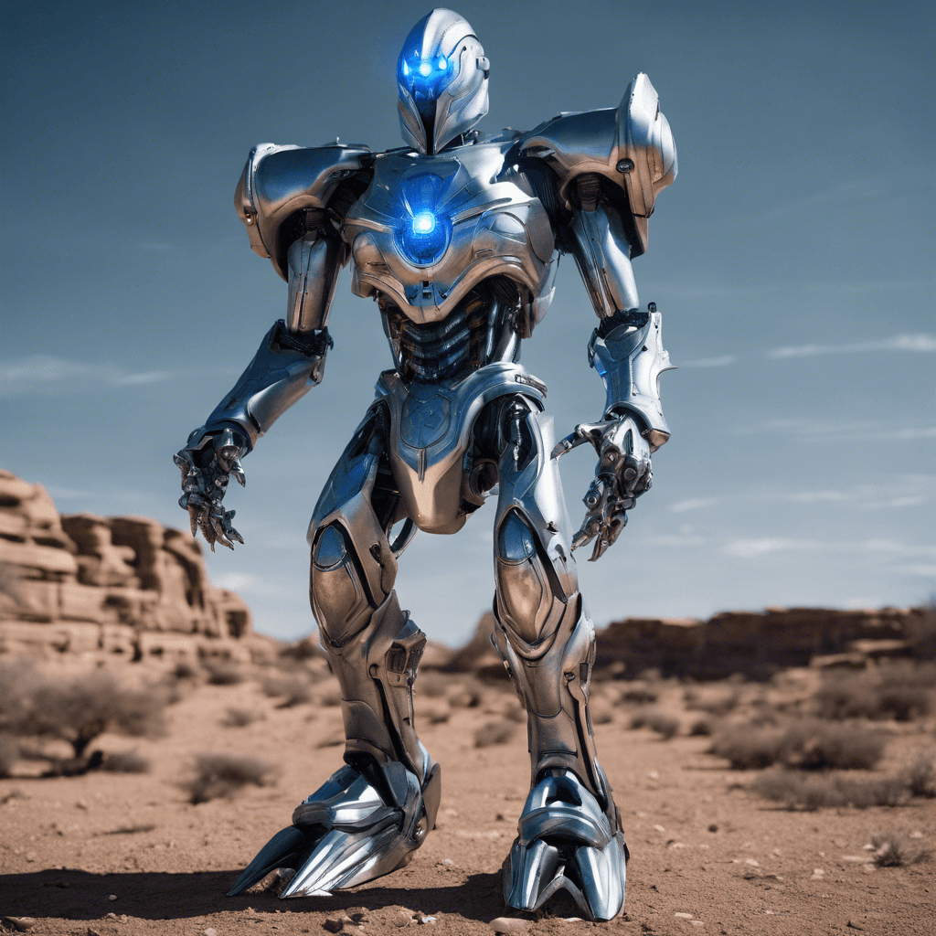 The Xenonite Sentinel is a robotic guardian standing at ten feet tall, covered in sleek silver armor with glowing blue accents. Its eyes emit a piercing red light as it scans its surroundings with pinpoint accuracy. Its metal limbs move with precision, ready to defend the ancient alien altar at all costs.