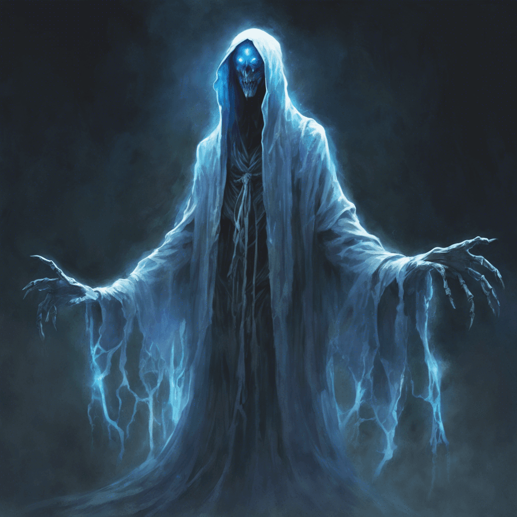 A ghostly entity with tattered robes that float ethereally, its eyes glowing with a haunting blue light. Its hands end in long, intangible claws that seem to shimmer with spectral energy.