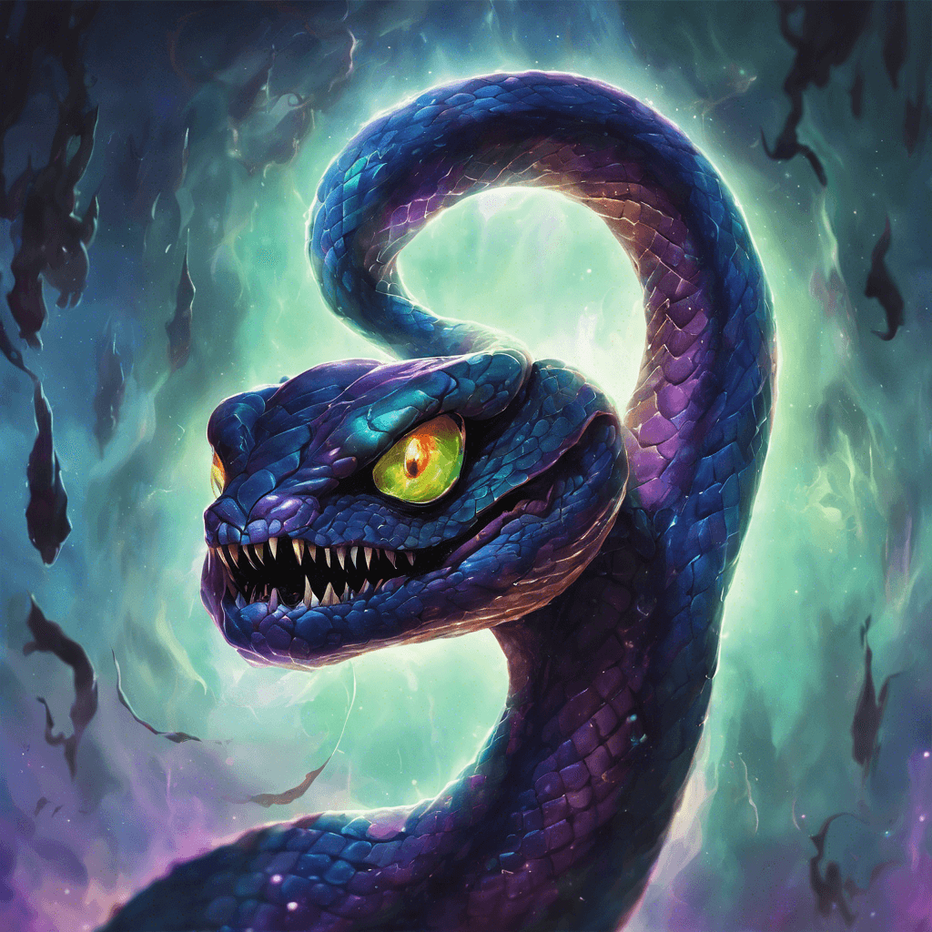 A large serpentine entity with gleaming scales that shift through spectrums of color, unveiling bits of the dark vacuum through its translucent hide. It has multiple eyes along the sides of its head that glow with a malevolent intelligence, capable of gazing into multiple dimensions. Its razor-sharp tendrils whip through the air, crackling with dark energy.