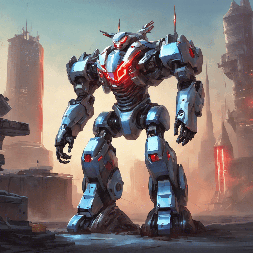 A towering robot with gleaming silver armor, multiple sensors glowing red, and equipped with mechanized limbs for enhanced combat. It hovers just above the ground, aided by thrusters that emit a soft blue glow.