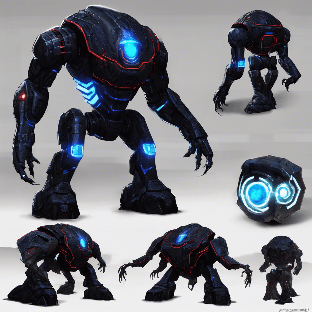 The Void Sentinel is a towering robotic monstrosity, covered in sleek black armor with glowing blue energy coursing through its circuits. Its eyes emit a piercing red light, scanning its surroundings with deadly precision. Armed with advanced energy weapons and capable of teleportation, the Void Sentinel is a formidable foe to face.